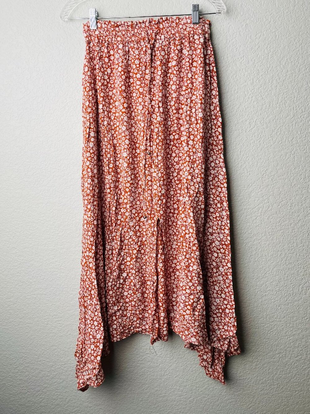 Angie Burnt Orange Floral Cottagecore Ditzy Front Slit Flowy Midi Skirt | Medium